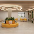 Modern Pantry Interior Design Featuring Circular Sofa Wooden Ceiling And Bookshelves
