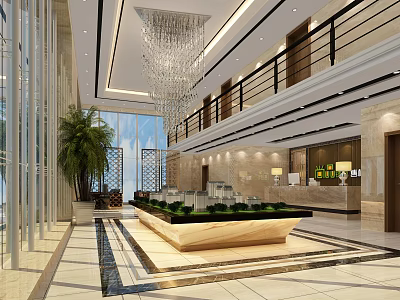 Modern Spacious Sales Office Lobby With Crystal Chandelier Palm Plant And Reception Desk 3d model