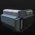 Cartoon Futuristic Space Capsule Room With Kitchen Bed Blue Lighting And Red Storage Box