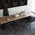 Modern Minimalist Wooden Office Desk With Open Notebook Desk Lamp Computer Monitor And Ergonomic Chairs