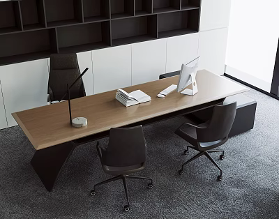 Modern Minimalist Wooden Office Desk With Open Notebook Desk Lamp Computer Monitor And Ergonomic Chairs 3d model