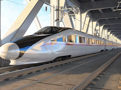Modern Railway Station Platform Featuring High Speed Bullet Train And Steel Structure Tracks 3d model