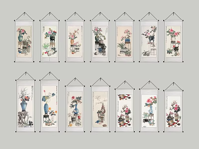 Botanical Paintings Scroll Wall Art With Vases And Flowers Decorative Hangings 3d model