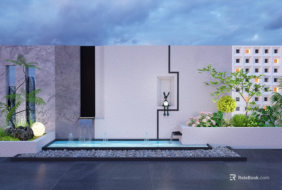 Modern Scenic Feature Wall Design With Water Fountain Green Plants And Lighting 3d model 