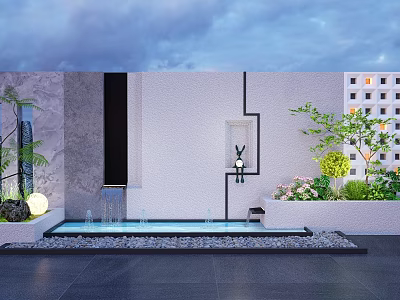 Modern Scenic Feature Wall Design With Water Fountain Green Plants And Lighting 3d model