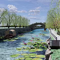 Waterfront Landscape with Stone Arch Bridge Willow Trees Water Lilies and Boat on Calm River