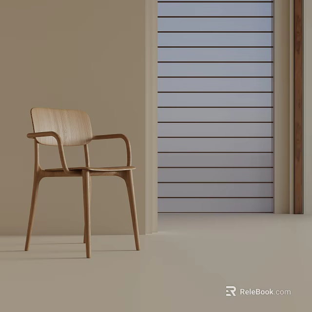 Light Wooden Leisure Chair with Curved Backrest and Armrests Against Beige Wall and Striped Shutter 3d model 