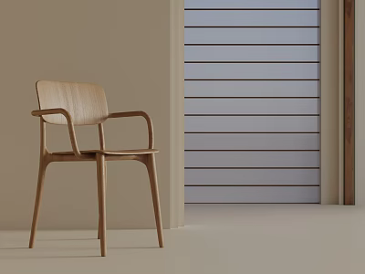 Light Wooden Leisure Chair with Curved Backrest and Armrests Against Beige Wall and Striped Shutter 3d model