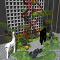Garden Landscape Design With Green Plants Deer Statues Red Ribbons And Rock Formations