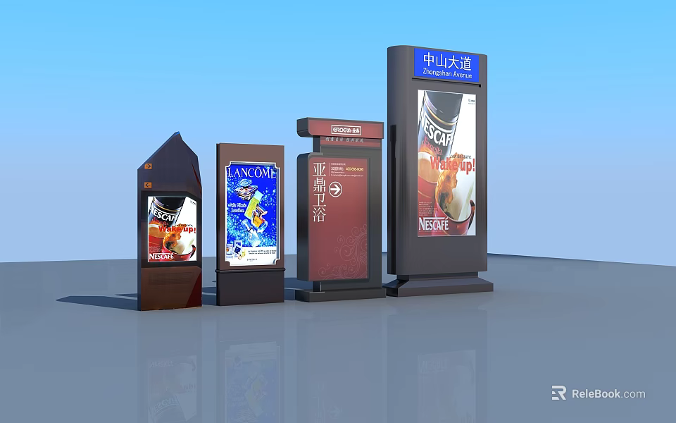 Various Types Of Urban Public Facilities Signage With Street Nameboards And Billboards 3d model 