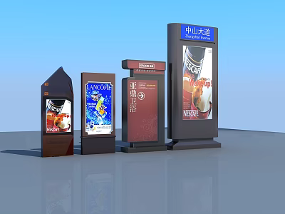 Various Types Of Urban Public Facilities Signage With Street Nameboards And Billboards 3d model
