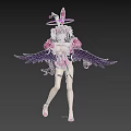 Woman With Black Wings And Pink Outfit Wearing Halo On Head Against Pink Background