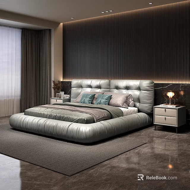 Modern Leather Double Bed With Stitched Headboard Dark Striped Background Wall Nightstand And Area Rug 3d model 
