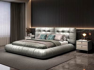 Modern Leather Double Bed With Stitched Headboard Dark Striped Background Wall Nightstand And Area Rug 3d model