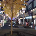 Vibrant Night Commercial Street With Street Lamps Neon Lights Outdoor Seating And Shop Signs