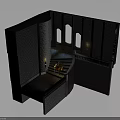 Black Architectural Scene Structure with Curved Staircase Arched Windows and Wall Lamps