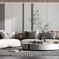 Modern Living Room Interior With Upholstered Sofa Accent Wall Spiral Floor Lamp And Geometric Rug