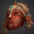 Ornate Red Mask Featuring Golden Decorations Blue Gemstones Crown Top And Side Ornaments