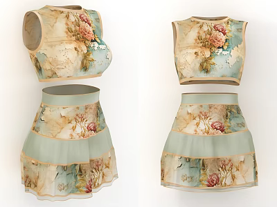 Floral Pattern Sleeveless Crop Top And Layered Short Skirt Clothing Set In Pastel Tones 3d model