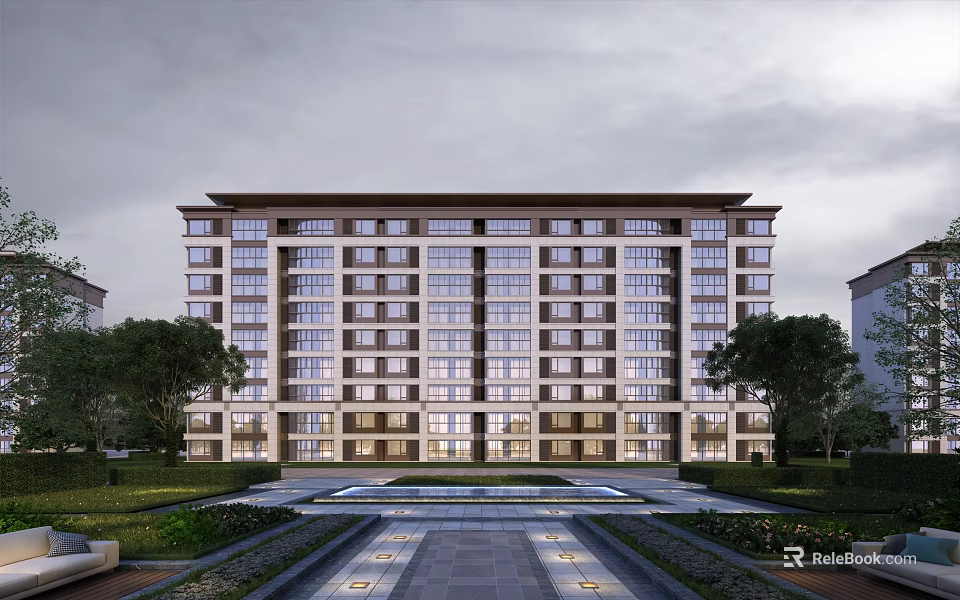 Modern Mid Rise Residential Building With Symmetrical Facade Multiple Windows And Landscaped Garden 3d model 