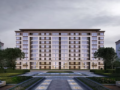 Modern Mid Rise Residential Building With Symmetrical Facade Multiple Windows And Landscaped Garden 3d model