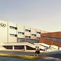 Modern School Building Exterior With Multi Story Design White Orange Facade Plaza And People Walking
