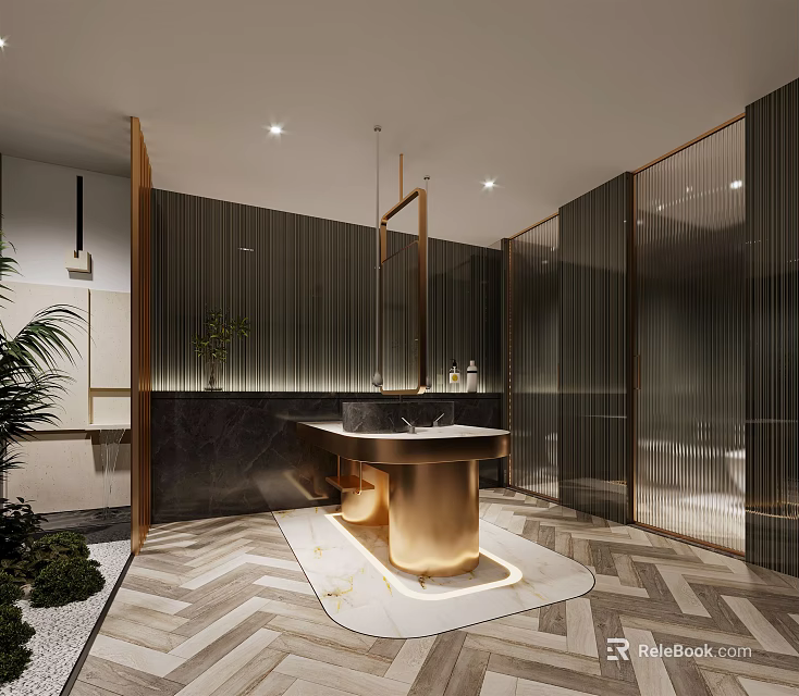 Modern Public Restroom Interior With Marble Countertop Gold Faucet Glass Partitions And Herringbone Floor 3d model 