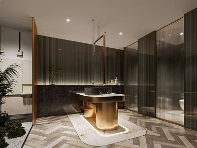 Modern Public Restroom Interior With Marble Countertop Gold Faucet Glass Partitions And Herringbone Floor 3d model