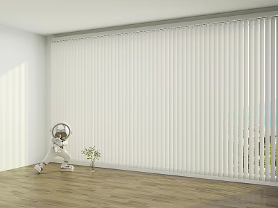 White Vertical Blinds In Interior Room With White Walls Wooden Floor And Small Plant 3d model