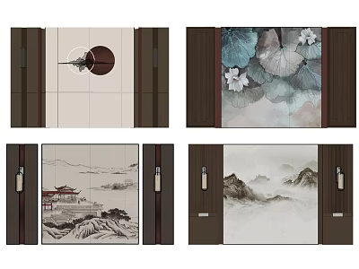 Chinese Background Wall Designs With Circular Lotus Mountain And Traditional Art Patterns 3d model