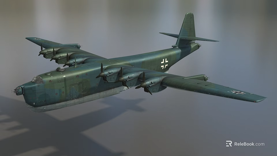 Green Fighter Aircraft With Four Propellers On Wings And White Cross Insignia On Fuselage 3d model 
