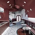 Modern Milk Tea Shop Interior With Red White Arched Decor Circular Windows And Seating