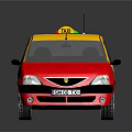 Red and Yellow Taxi Sedan With Checkerboard Pattern Doors And Roof Top Sign