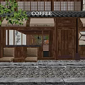 Traditional Japanese Café with Courtyard Wooden Design Stone Path Green Plants Sofas and Serene Atmosphere