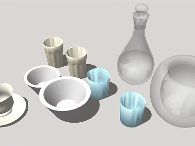 Various Colored Shaped Cups with Glass Bottle and Bowls on Light Gray Background 3d model