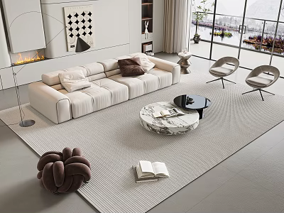 Modern Living Room Sofa Coffee Table Set With Light Fabric Sofa And Marble Coffee Table 3d model