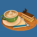 Stylish Commercial Coffee Service Equipment with Green Latte Cup Layered Cake Wooden Tray and Spoon