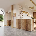 Spacious Interior Space With Arched Windows Green Chairs Wooden Tables Pendant Lights And Large Screen