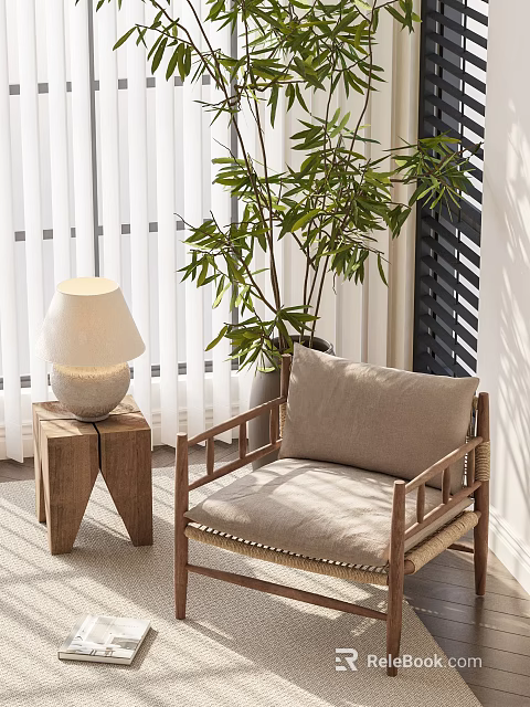 Stylish Accent Chair With Wooden Frame Linen Cushion By Side Table Lamp And Green Plant 3d model 