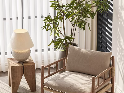 Stylish Accent Chair With Wooden Frame Linen Cushion By Side Table Lamp And Green Plant 3d model