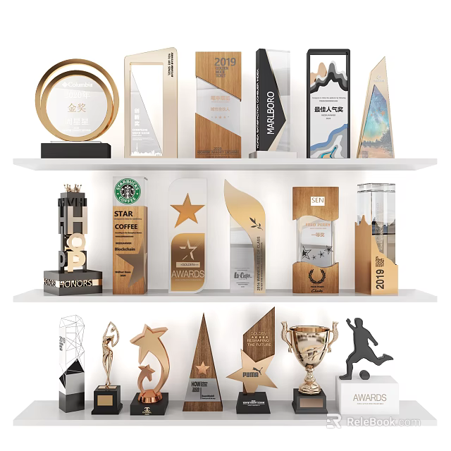 Various Trophies and Medals Featuring Star Flame Shaped Designs Wooden Metal Bases and Year Markings 3d model 