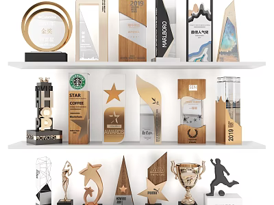 Various Trophies and Medals Featuring Star Flame Shaped Designs Wooden Metal Bases and Year Markings 3d model