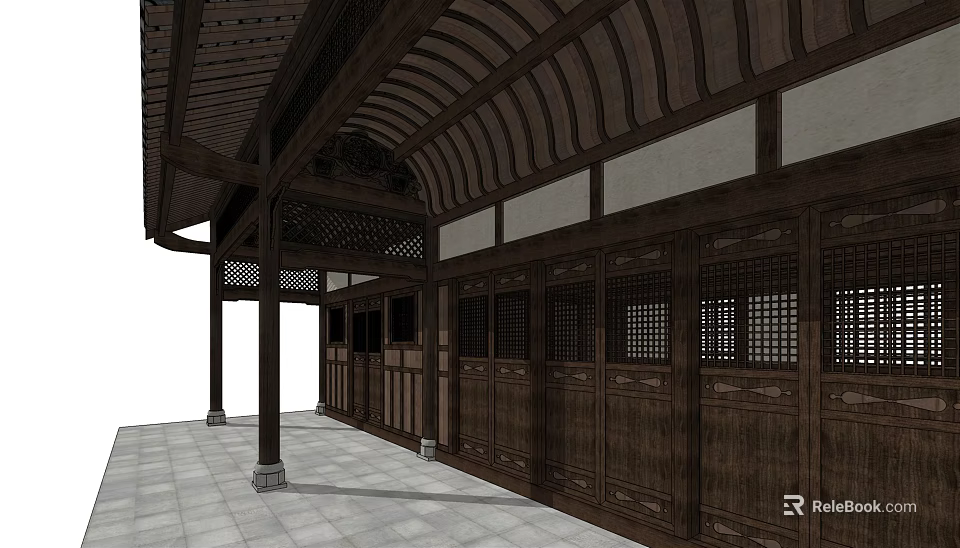 Ancient Architecture Traditional Wooden Corridor With Carved Eaves And Lattice Windows 3d model 