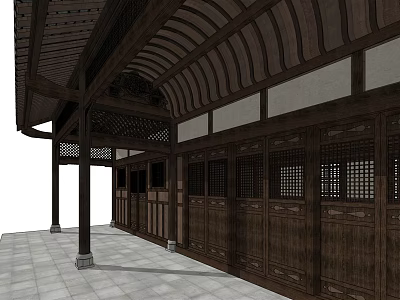 Ancient Architecture Traditional Wooden Corridor With Carved Eaves And Lattice Windows 3d model