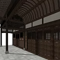 Ancient Architecture Traditional Wooden Corridor With Carved Eaves And Lattice Windows