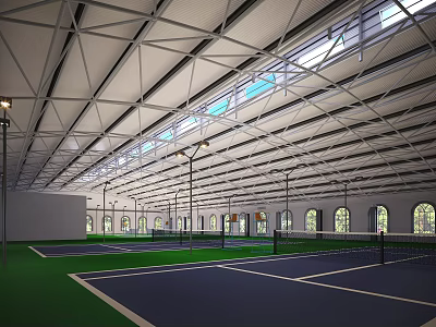 Spacious Indoor Tennis Courts For Sports Fitness With Well Lit Ceiling And Multiple Courts 3d model