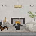 Elegant Modern Living Room Interior With Fireplace Chandelier Curved Sofas And Green Plant