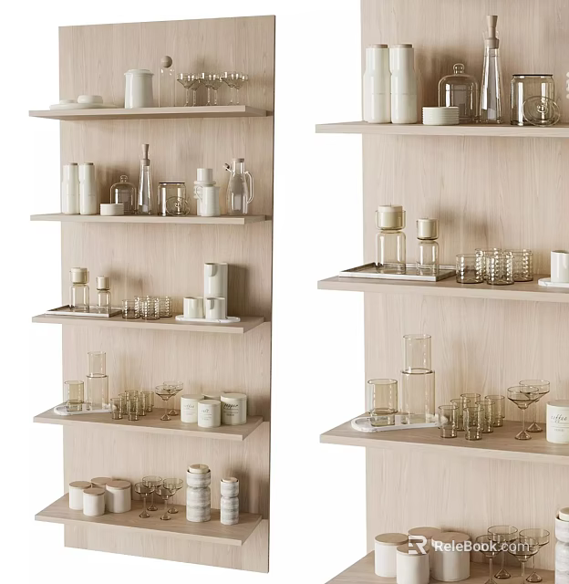 Modern Simple Tableware Collection With Ceramic Cups Glass Plates On Wooden Shelf 3d model 