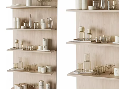 Modern Simple Tableware Collection With Ceramic Cups Glass Plates On Wooden Shelf 3d model