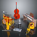 Musical Instruments and Equipment Including Drum Set Double Bass Piano Guitar Saxophone and Microphone